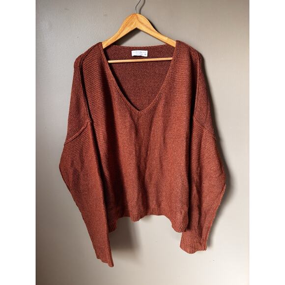 Pink Lily Sweaters - Plus 2X Oversize Sweater V Neck Rust Brown Living My Best Style x PINK LILY